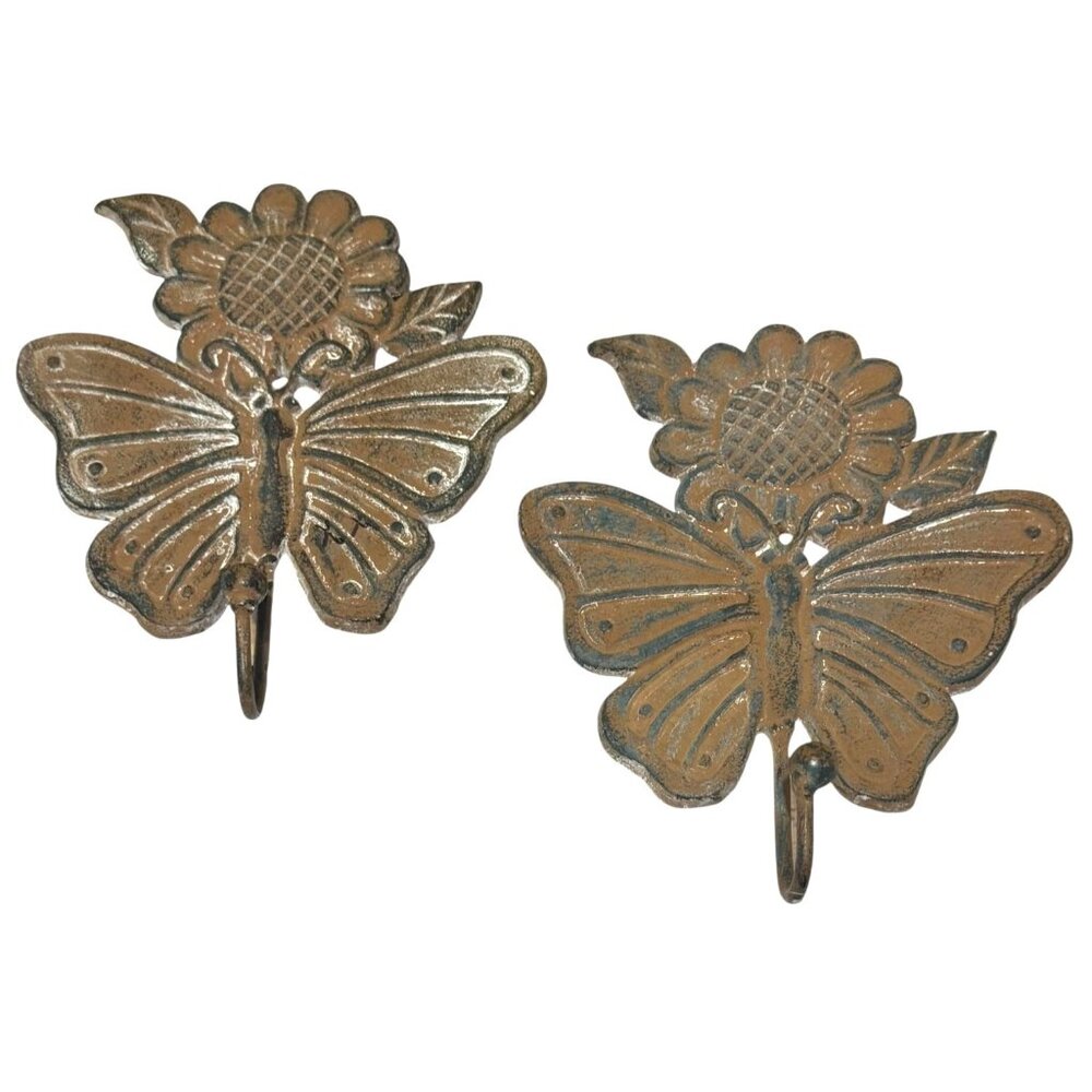 Decorative Cast Iron Butterfly & Flower Wall Hooks - Rustic Vintage Look - Set O
